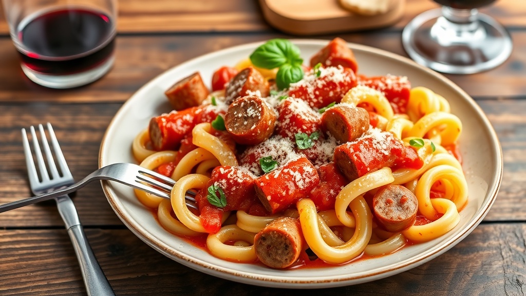 Savory Pork Sausage Pasta Recipe A plate of Pork Sausage Pasta garnished with Parmesan cheese and basil on a rustic table.